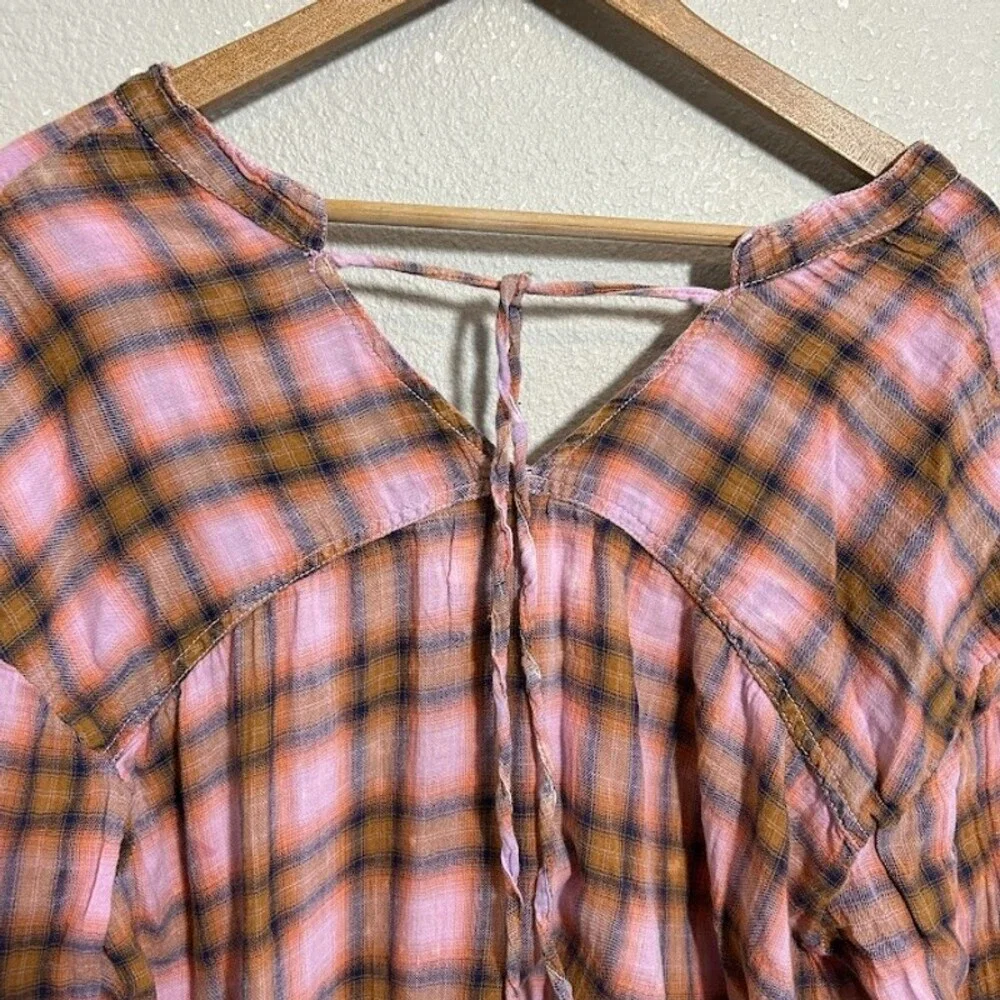 We The Free People One of the Boys Plaid Tunic Shirt S Pink Orange Boxy Popover - Picture 5 of 10